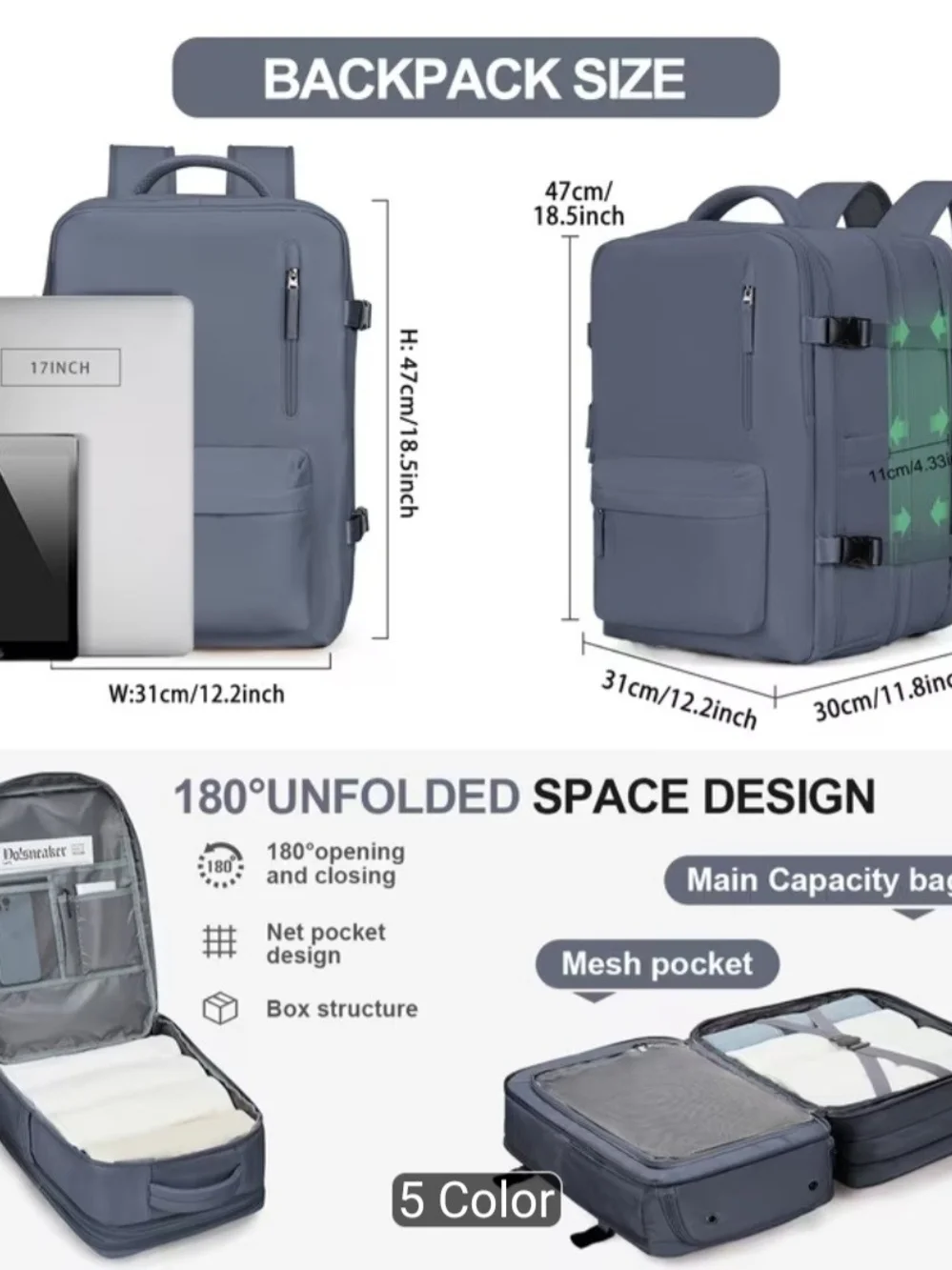 Expandable Grey Travel Backpack - 32L/45L